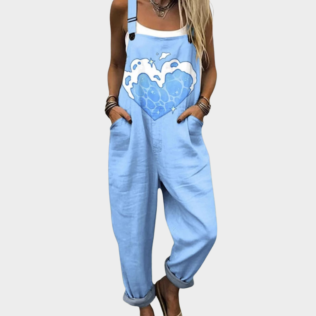 Κοντάρι overalls – ανοιχτό μπλε με σχέδιο καρδιάς και κυμάτων