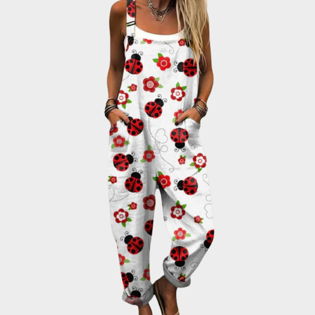 Κοντάρι overalls – ελαφρύ σχέδιο με λουλούδια και πασχαλίτσες