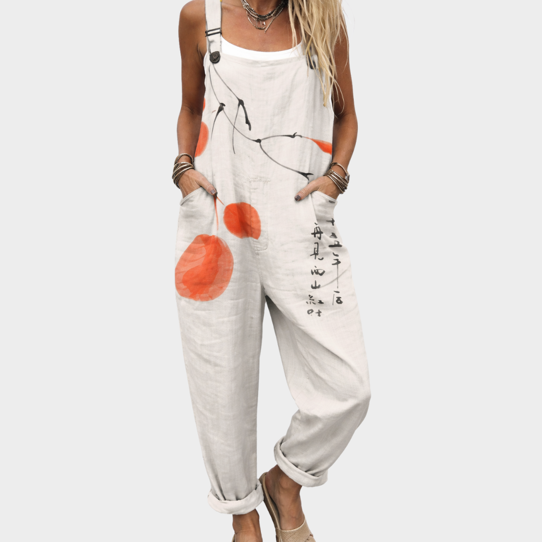 Κοντάρι overalls – κρέμα με καλλιγραφικά σχέδια και πορτοκαλί κύκλους