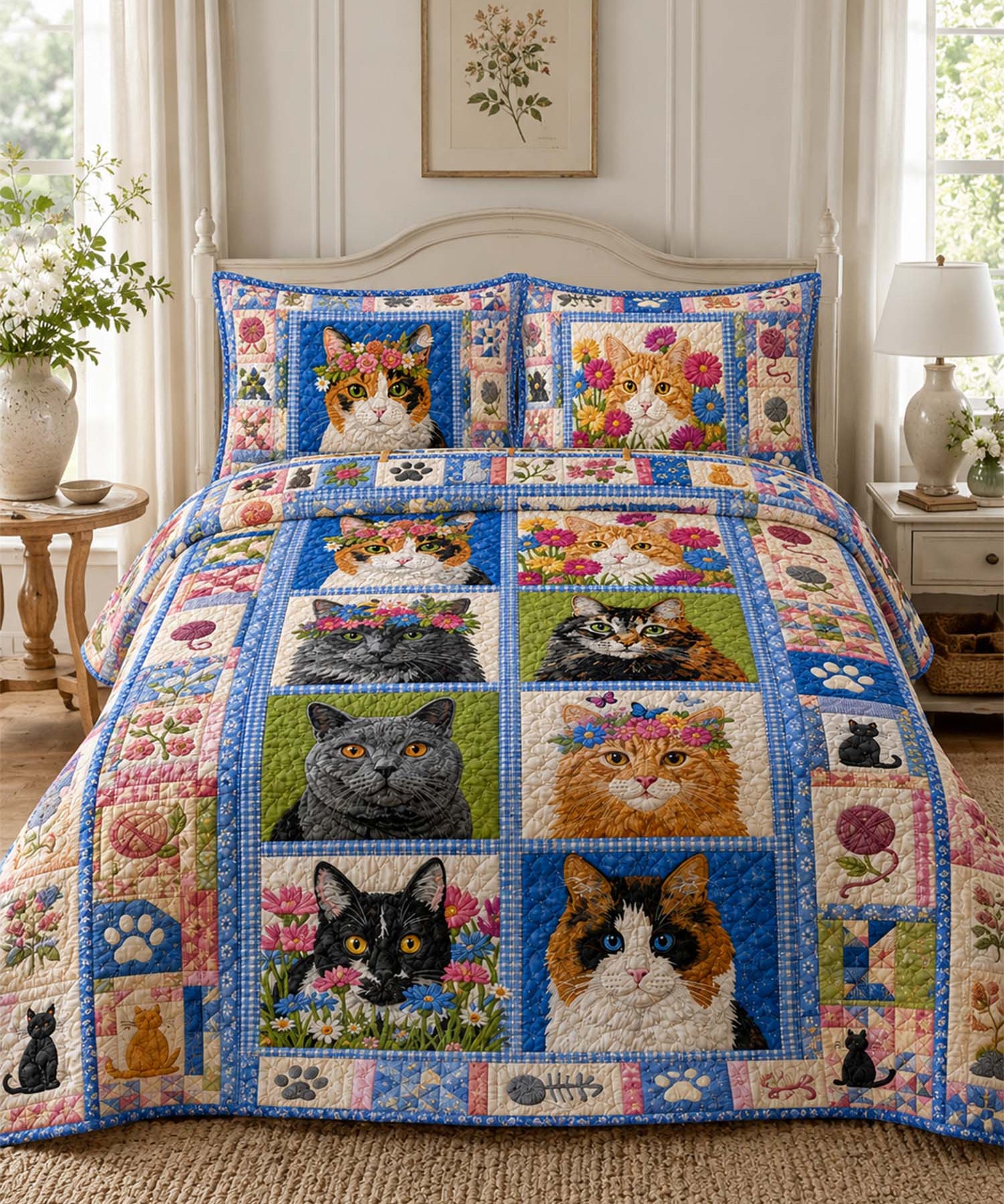 H.PAI Floral Cat Portrait Quilted 3-Piece Bedding Set
