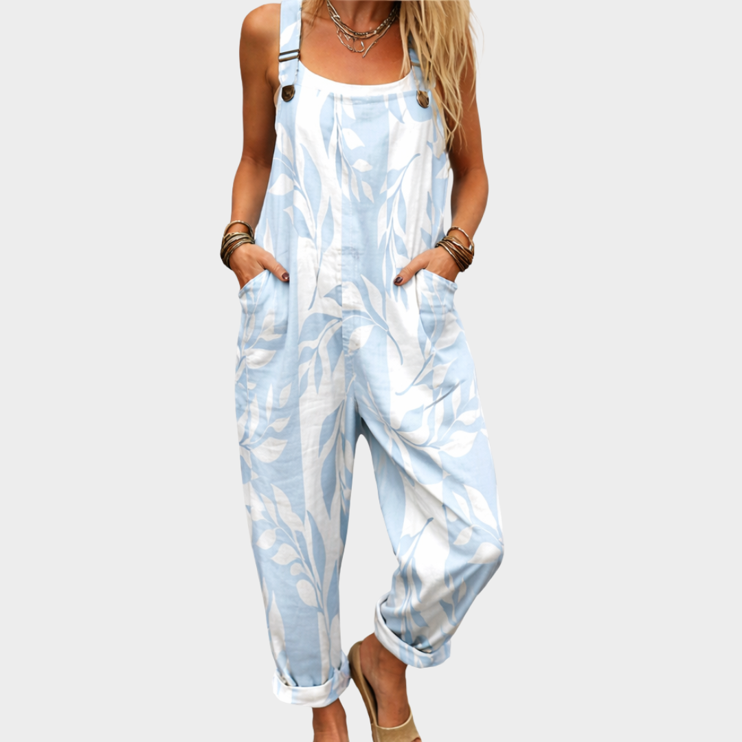 Κοντάρι overalls – λευκό με ανοιχτό μπλε σχέδιο φύλλων