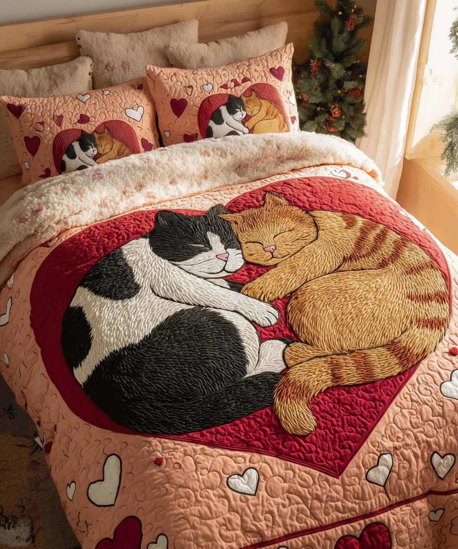 H.PAI Cat Love Valentine's Day 3- Piece Quilted Bedding Set