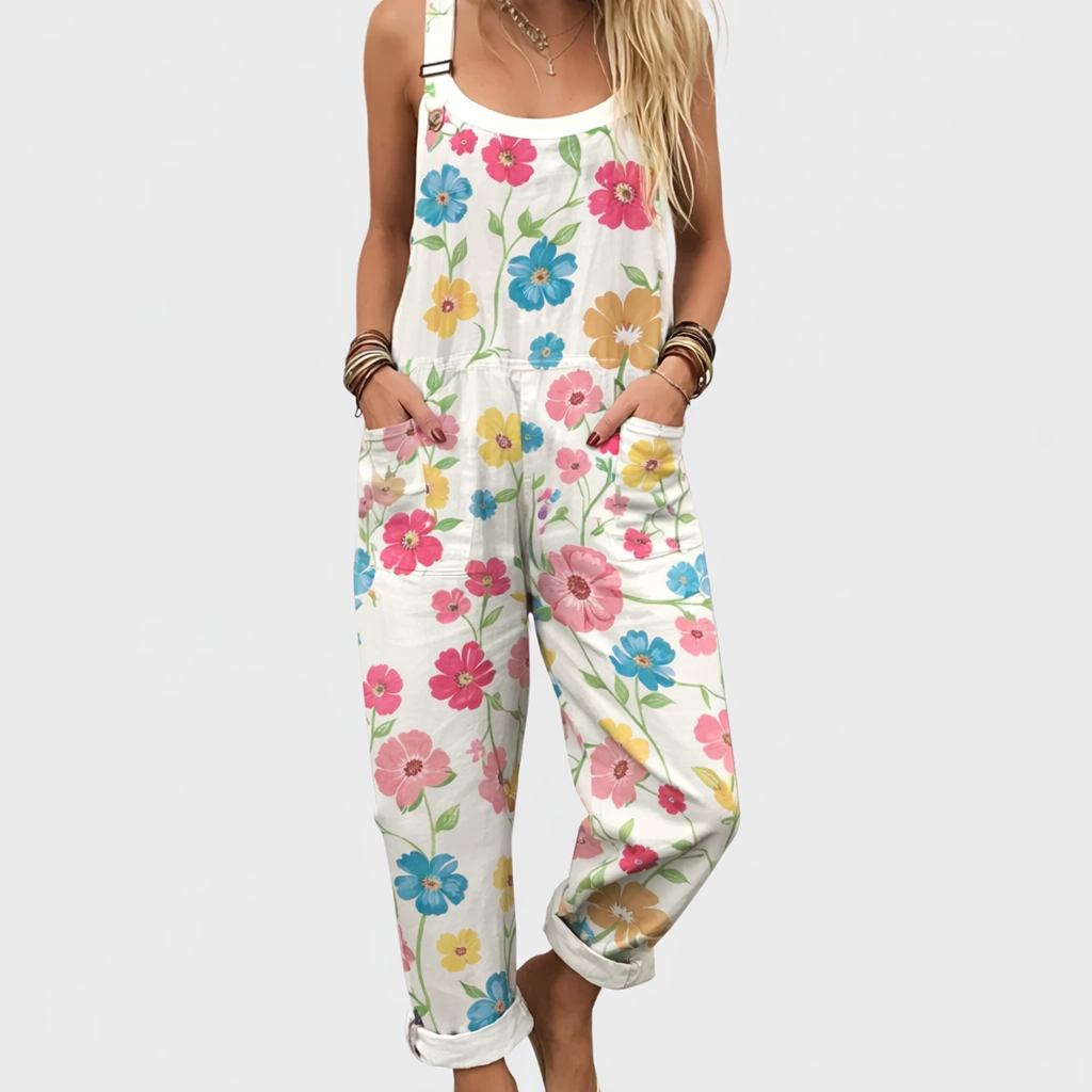 Κοντάρι overalls – λευκά με πολύχρωμα λουλούδια