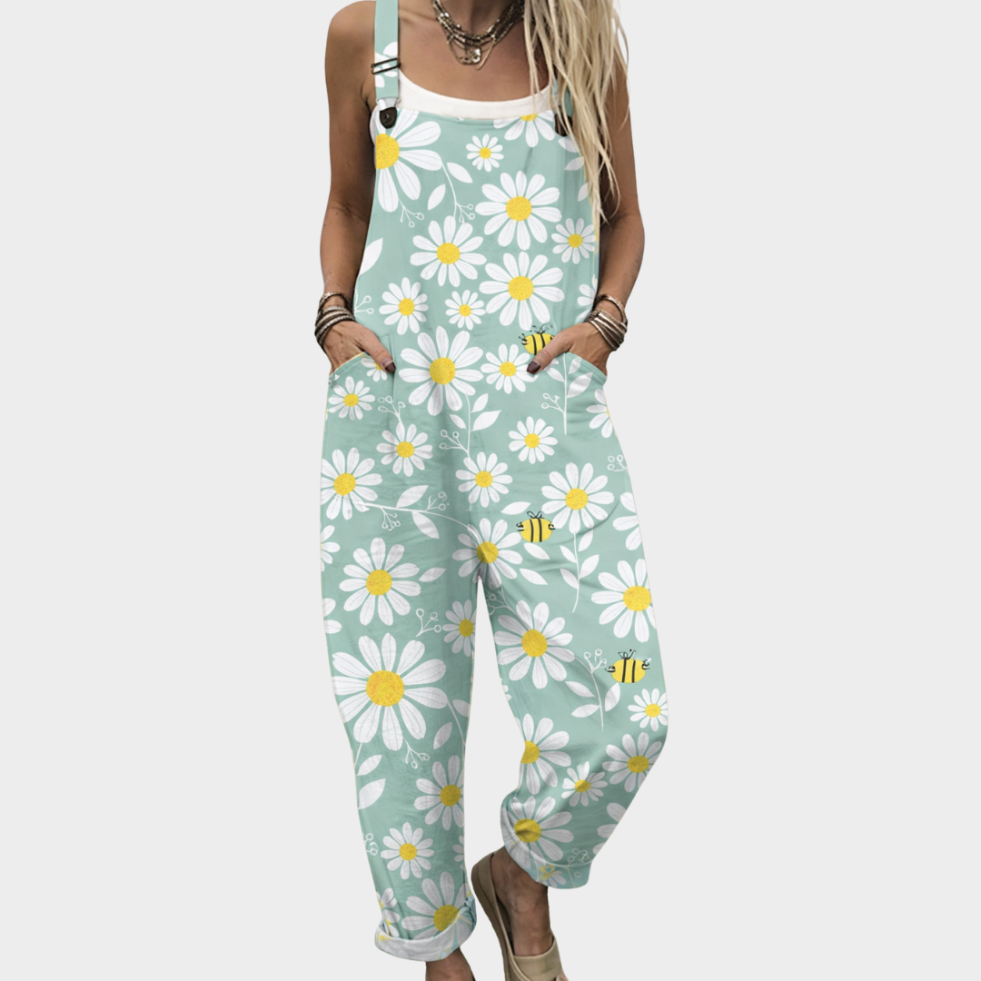 Κοντάρι overalls – νερό-μπλε με λουλούδια και μέλισσες σχέδιο